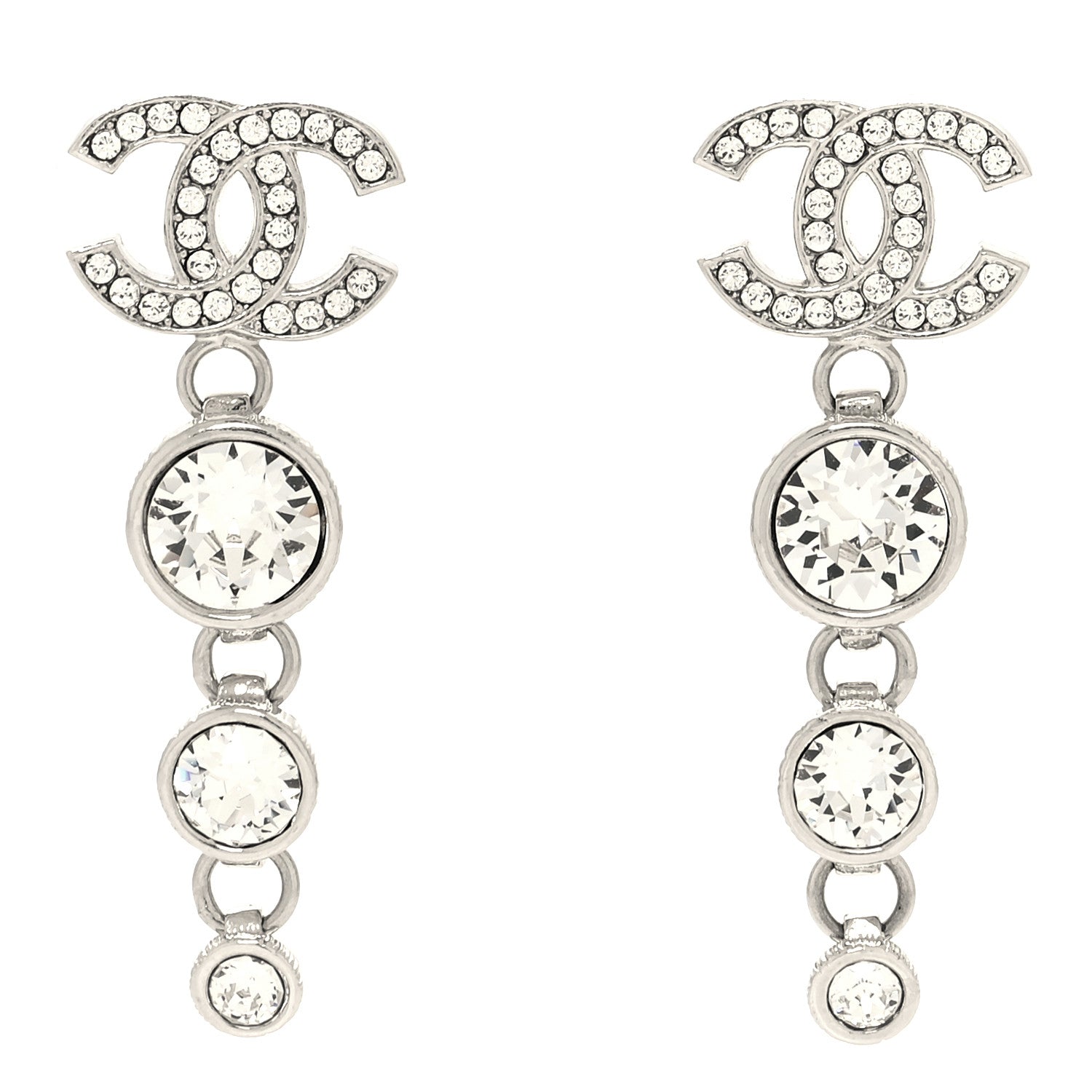 Chanel Metal Crystal CC Drop Earrings Silver 1 of 4