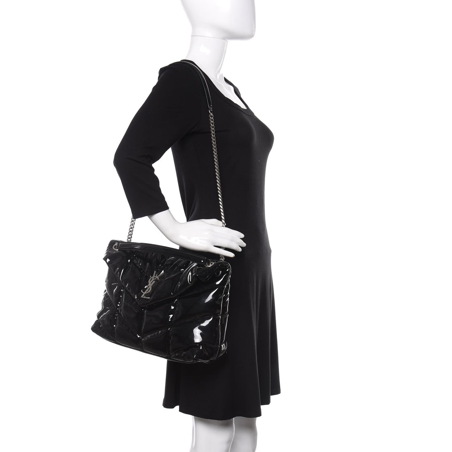 Patent Lambskin Quilted Medium Loulou Puffer Monogram Chain Satchel Black