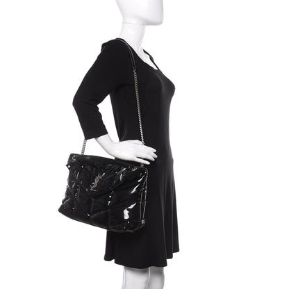 Saint Laurent Patent Lambskin Quilted Medium Loulou Puffer Monogram Chain Satchel Black 2 of 11