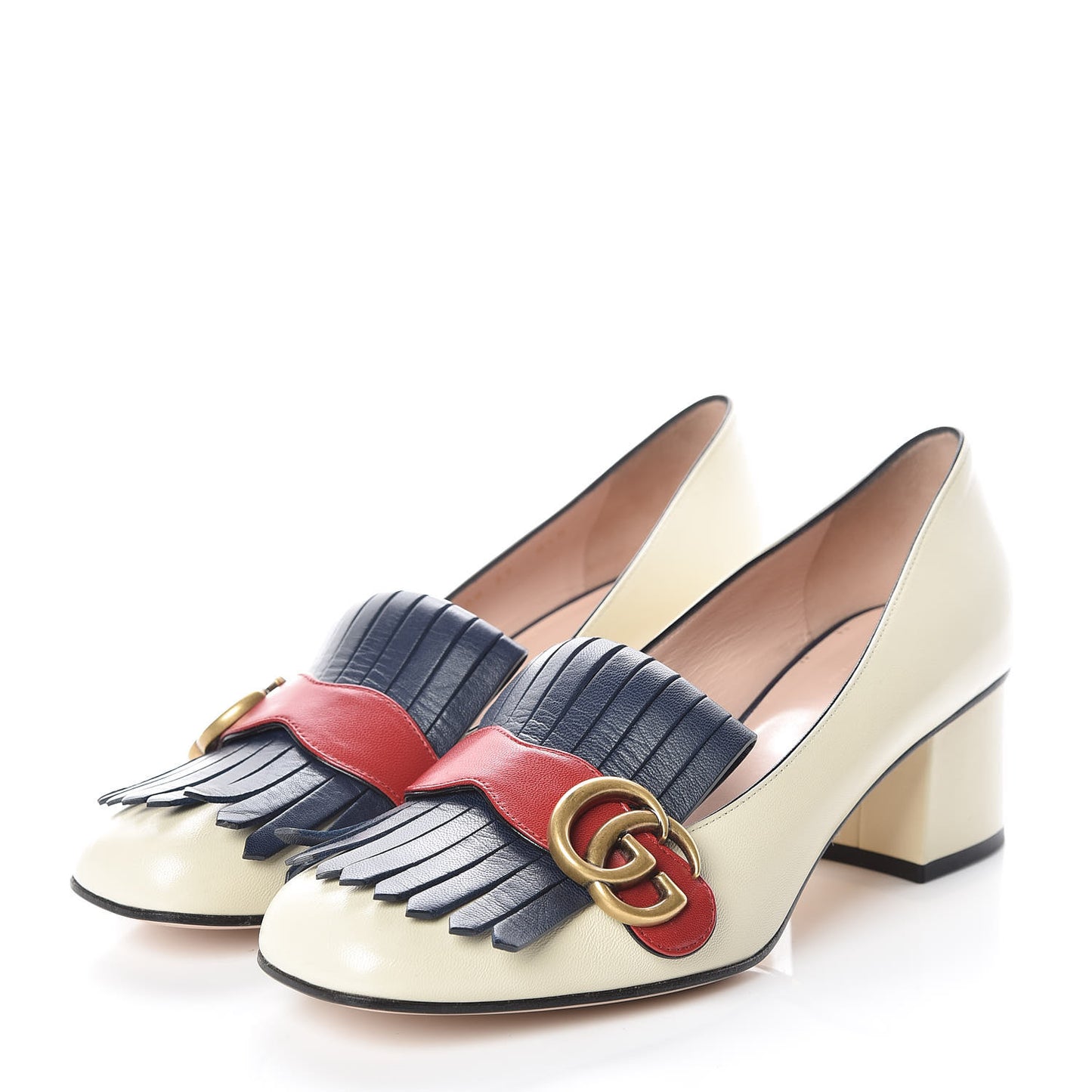 Malaga Kid GG Marmont Fringe 50mm Loafer Pumps 39 Vintage White Blue Ink Hibiscus Red