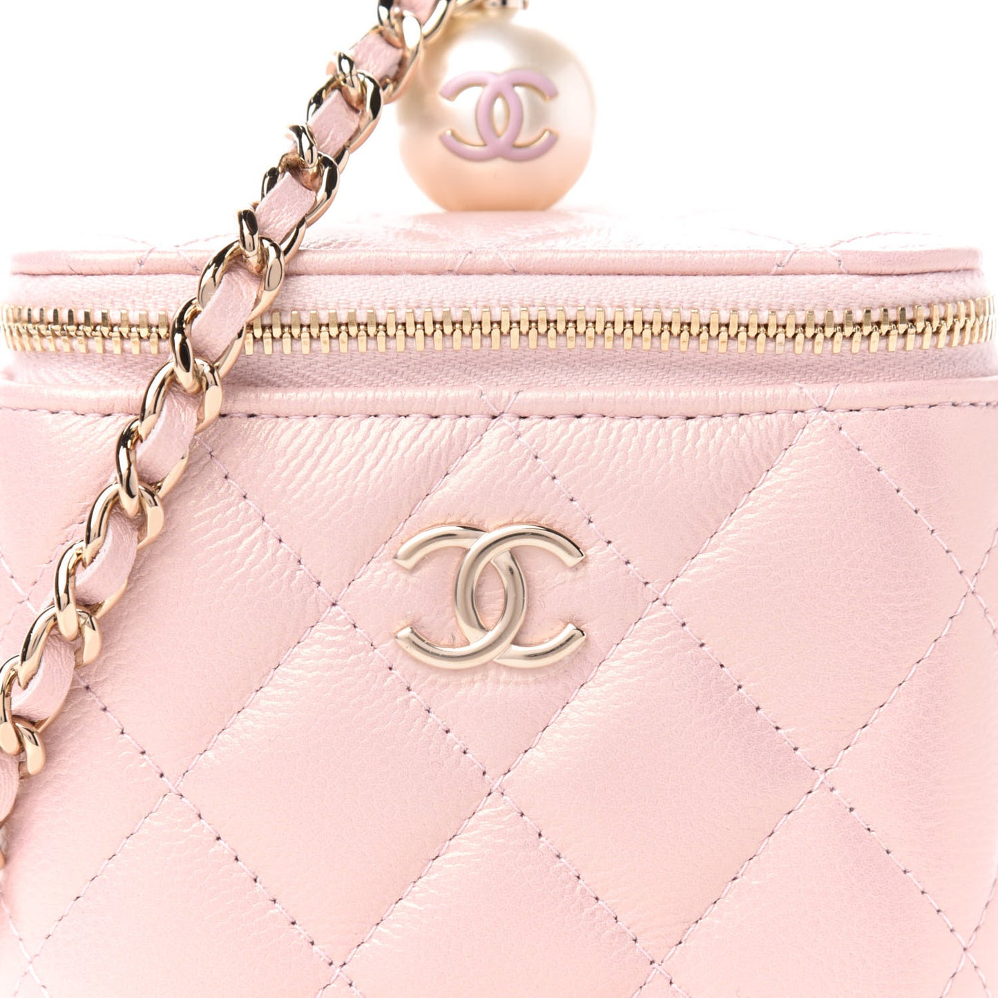 Iridescent Caviar Quilted Mini Pearl On Top Vanity Case With Chain Light Pink
