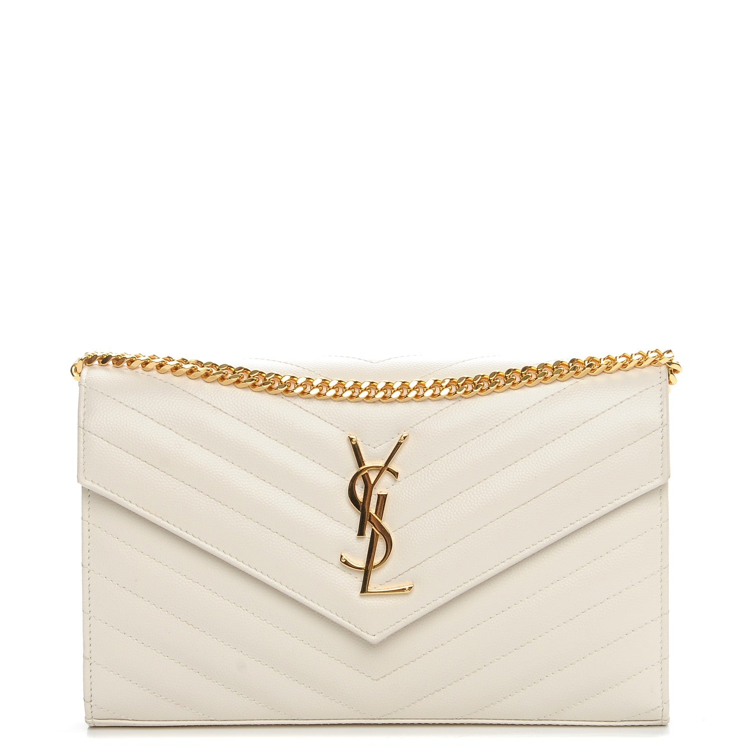 Saint Laurent Grain De Poudre Matelasse Chevron Monogram Chain Wallet White 1 of 9