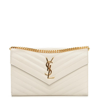 Saint Laurent Grain De Poudre Matelasse Chevron Monogram Chain Wallet White 1 of 9