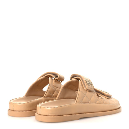 Chanel Lambskin Quilted Velcro Dad Chain CC Slide Sandals 37 Beige 5 of 11