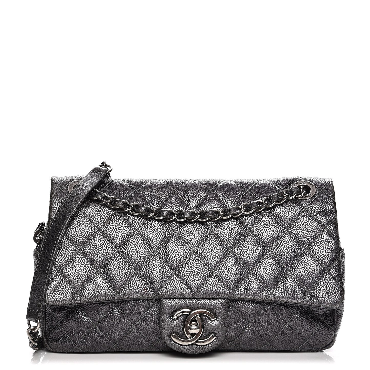 Iridescent Caviar Quilted Small Chic Flap Argent