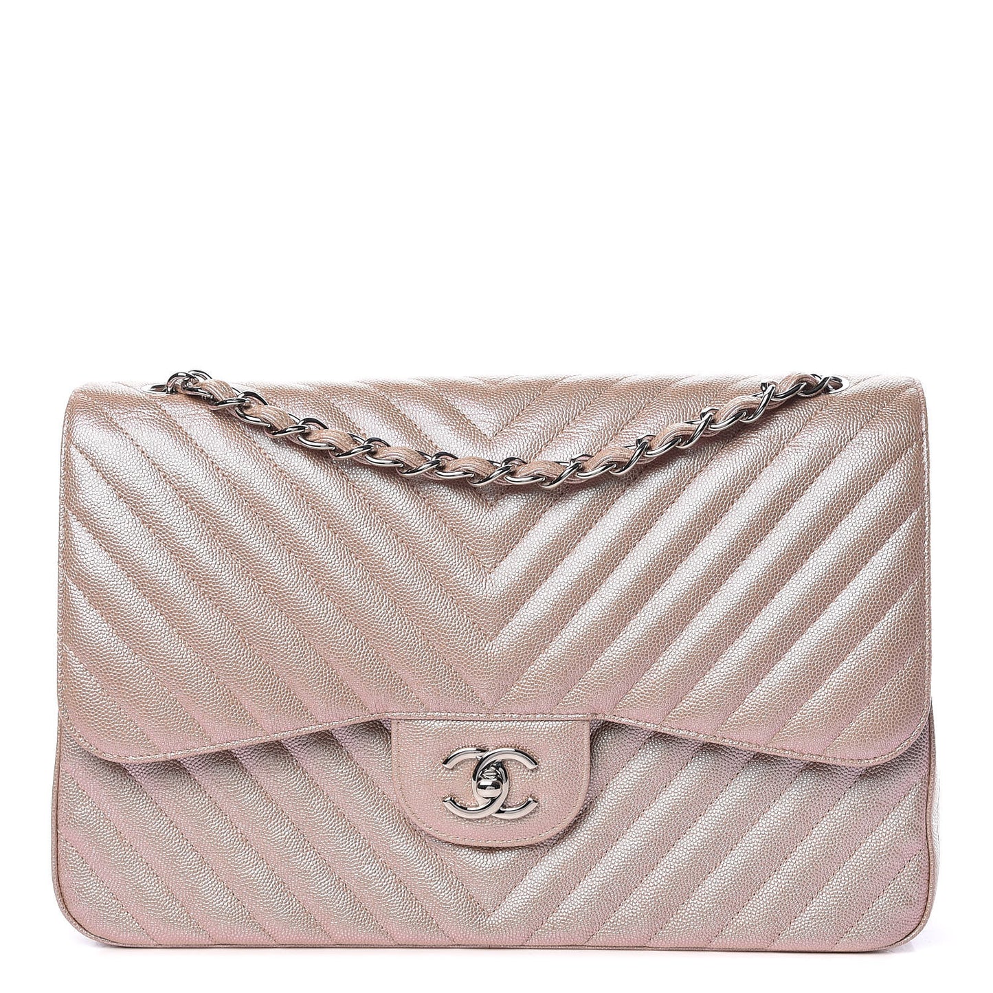 Metallic Caviar Chevron Quilted Jumbo Double Flap Light Gold