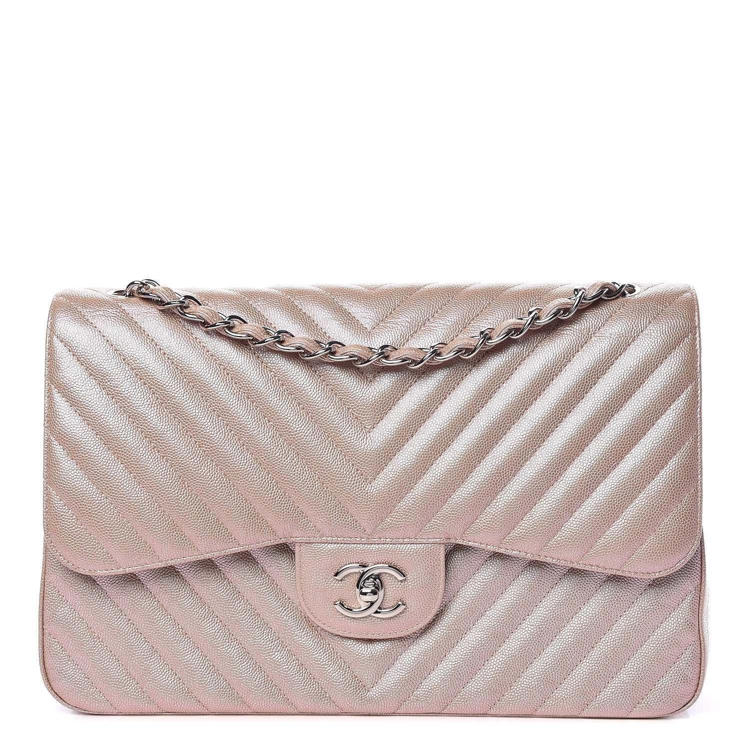 Chanel Metallic Caviar Chevron Quilted Jumbo Double Flap Light Gold 1 of 11