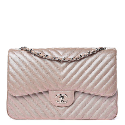 Chanel Metallic Caviar Chevron Quilted Jumbo Double Flap Light Gold 1 of 11