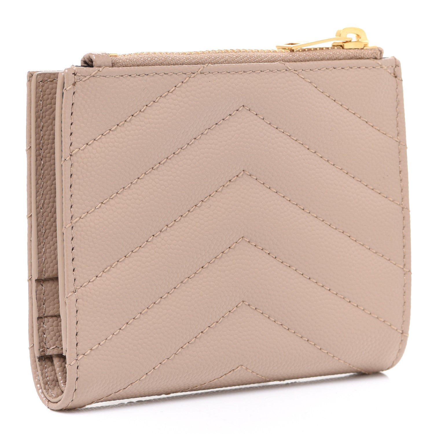 Saint Laurent Grain De Poudre Matelasse Chevron Monogram Zipped Card Case Dark Beige 3 of 8