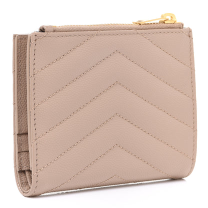 Saint Laurent Grain De Poudre Matelasse Chevron Monogram Zipped Card Case Dark Beige 3 of 8