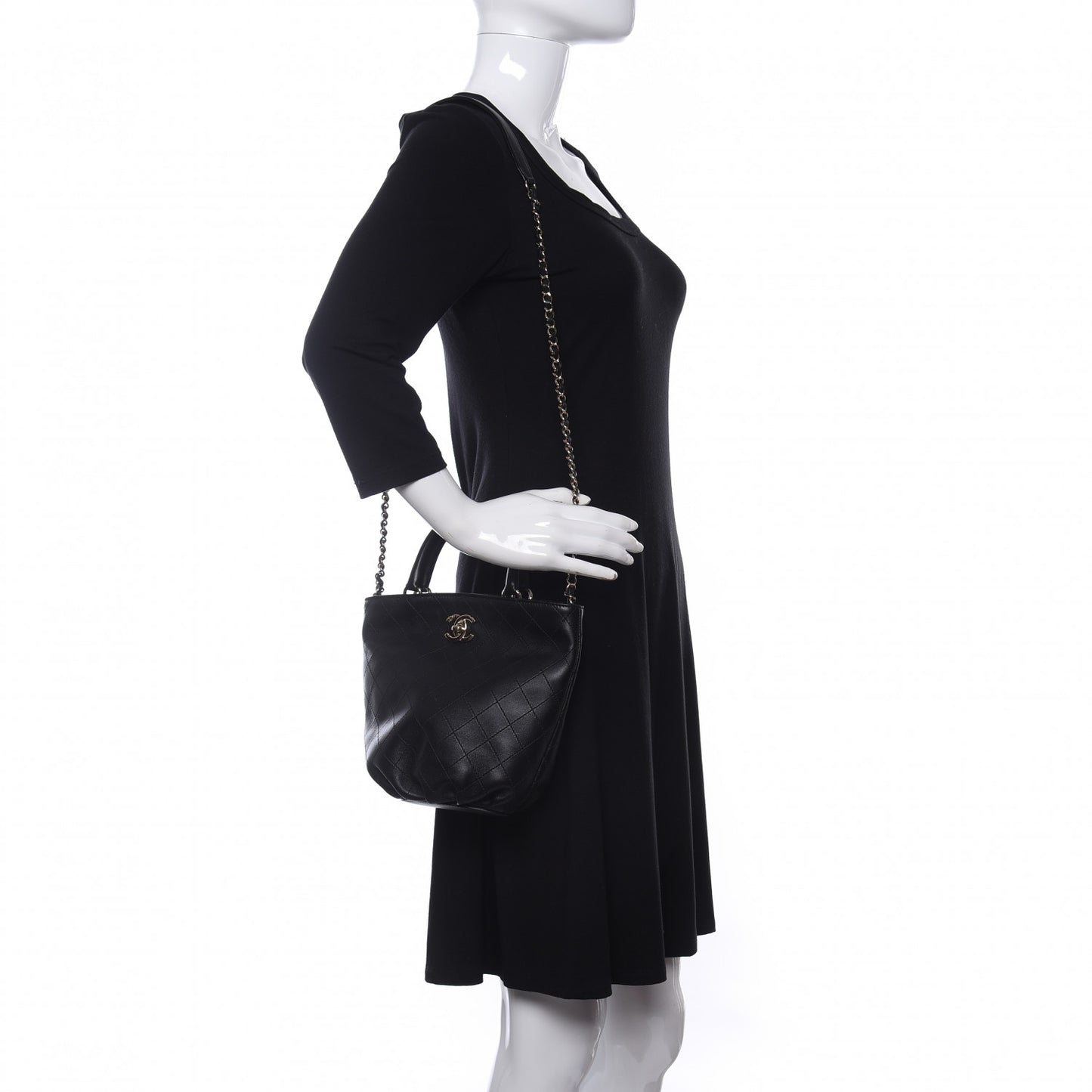Lambskin Stitched Small Shopping Tote Black