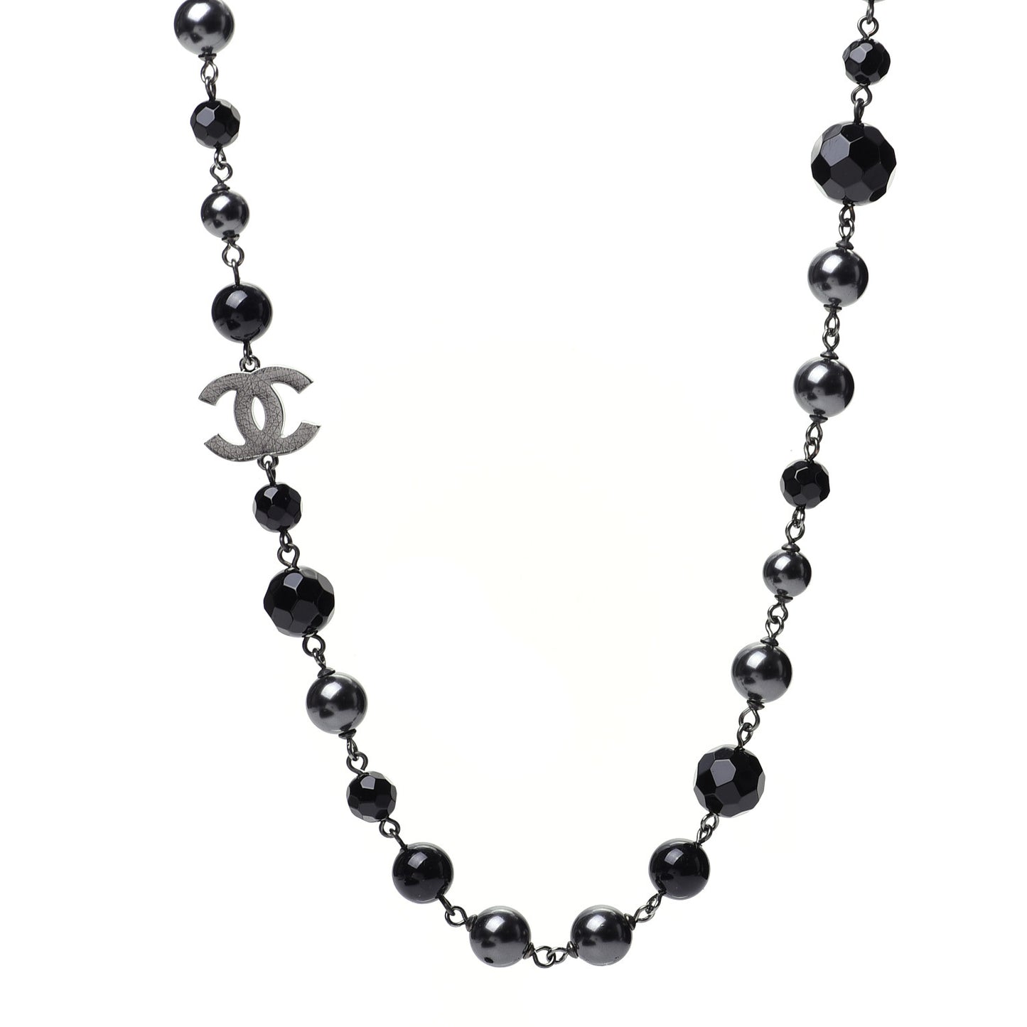Ruthenium Pearl Beaded CC Long Necklace Black