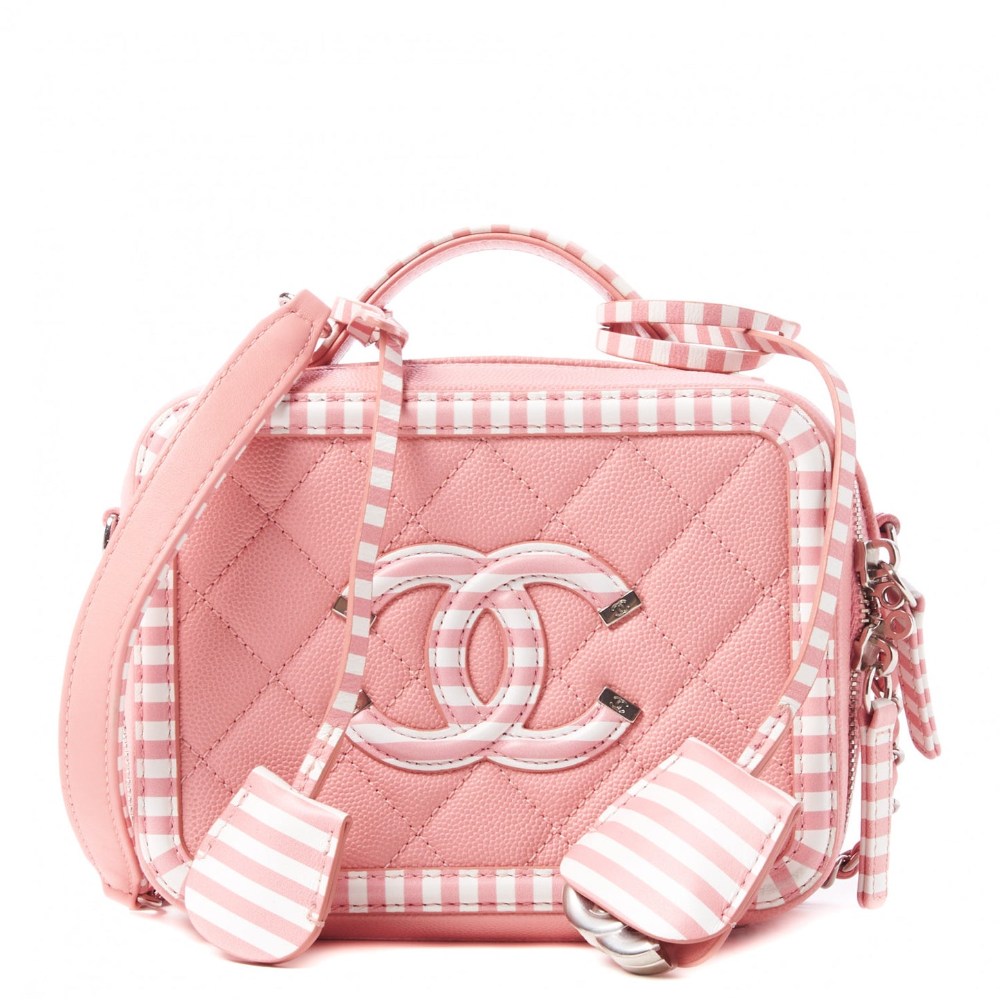 Caviar Quilted Striped Small CC Filigree Vanity Case Pink White