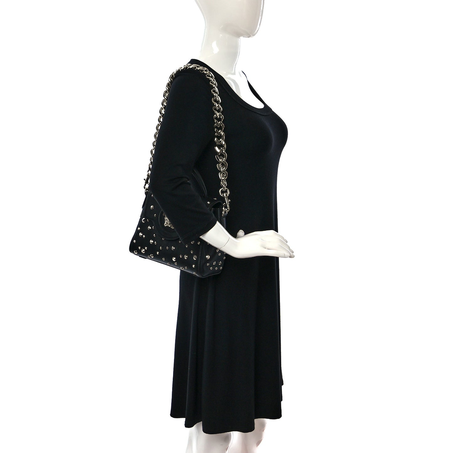 Grained Calfskin Spiked Small La Medusa Top Handle Bag Black