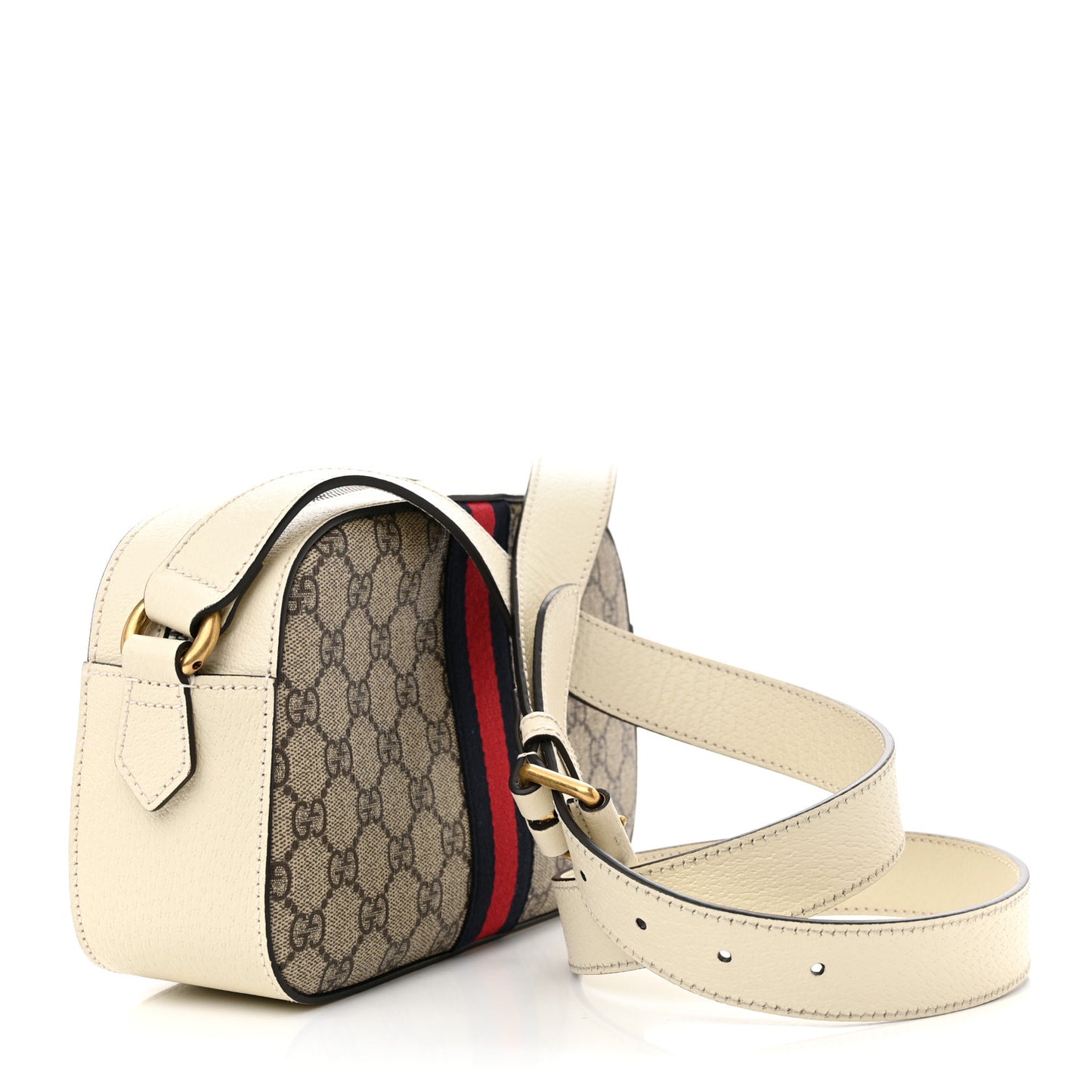 GG Supreme Monogram Textured Calfskin Web Small Ophidia Camera Bag Beige Ebony Mystic White