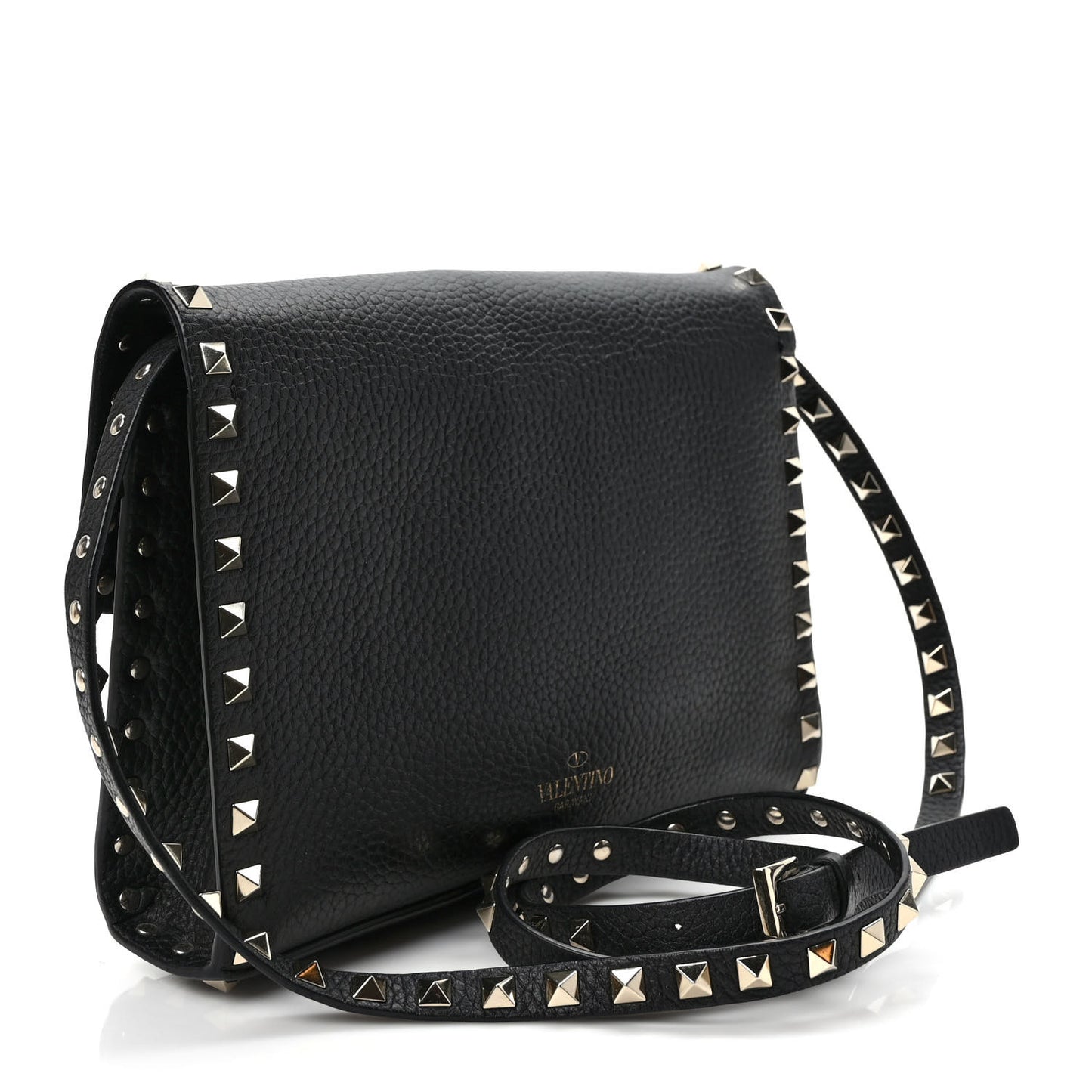 Pebbled Calfskin Medium Rockstud Flip Lock Crossbody Bag Black