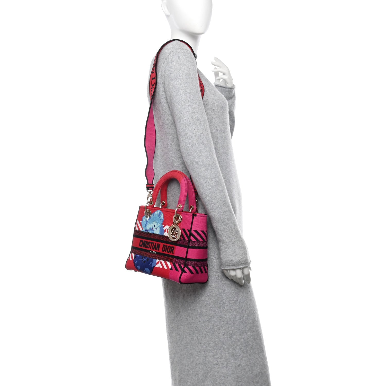 Christian Dior Canvas Embroidered Flower Pop Medium Lady D-Lite Red Pink 2 of 13