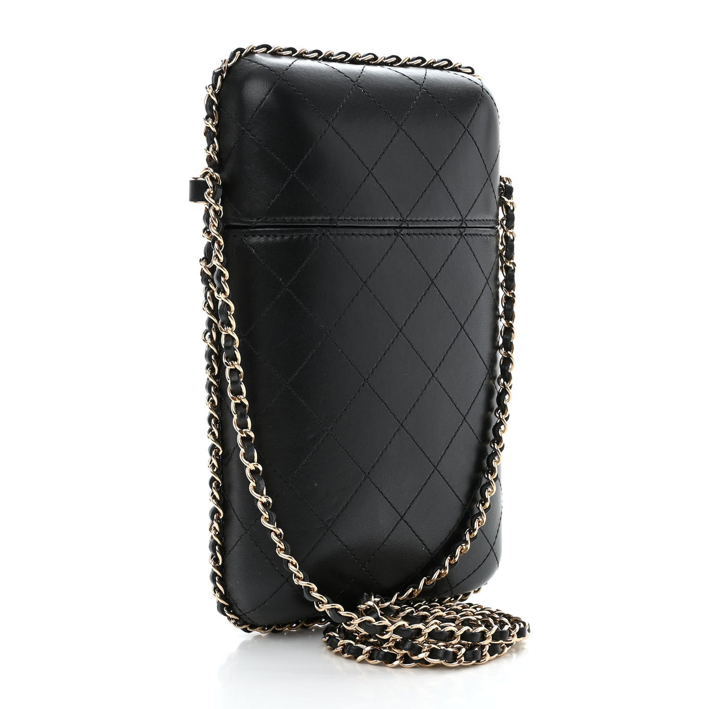 Lambskin Quilted Chain Around Phone Holder Black