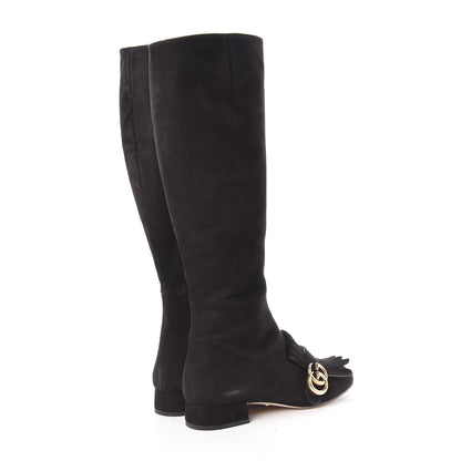 Gucci Kid Scamosciato GG Marmont Fringe Knee High Boots 37.5 Black 4 of 11