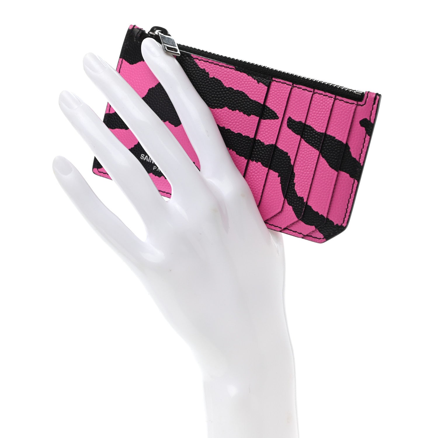 Saint Laurent Grain de Poudre Zebra Print 5 Fragments Zip Pouch Card Holder Fuchsia Black 2 of 8