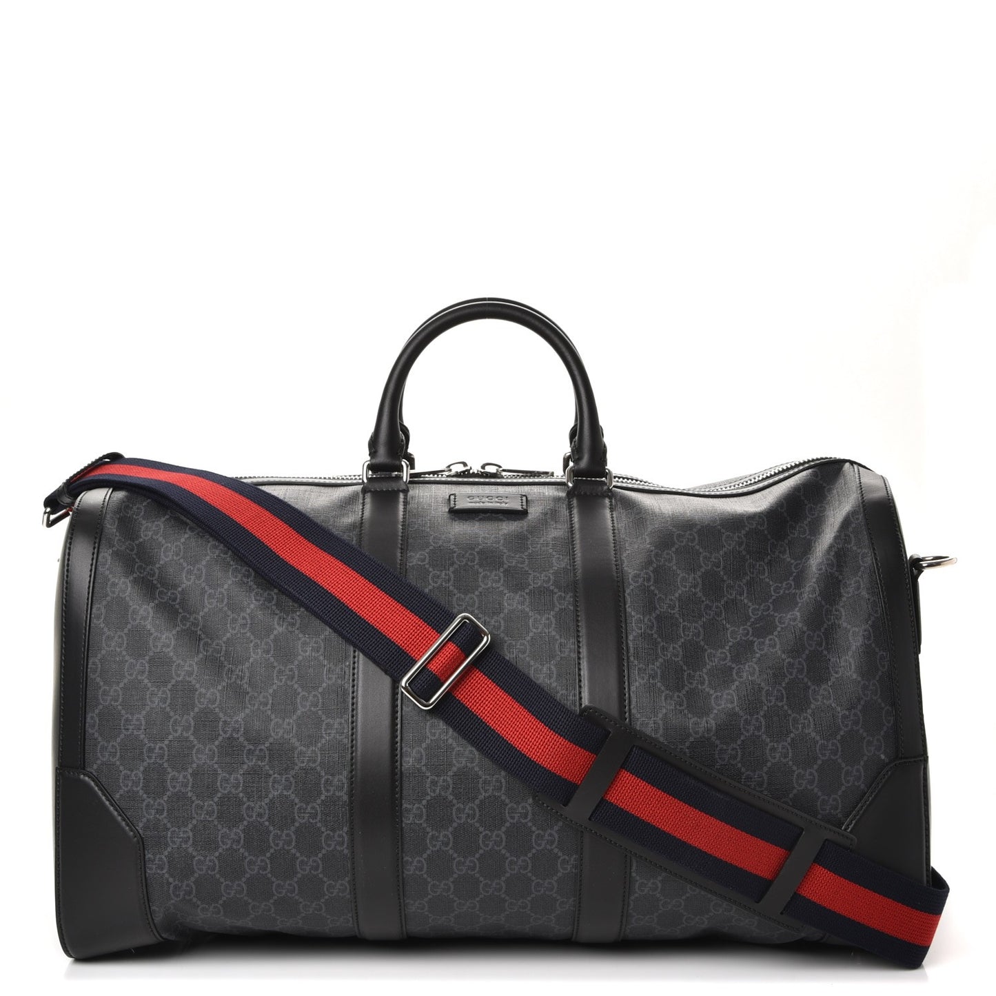Soft GG Supreme Monogram Appia Calfskin Web Large Carry On Duffle Bag Black Grey