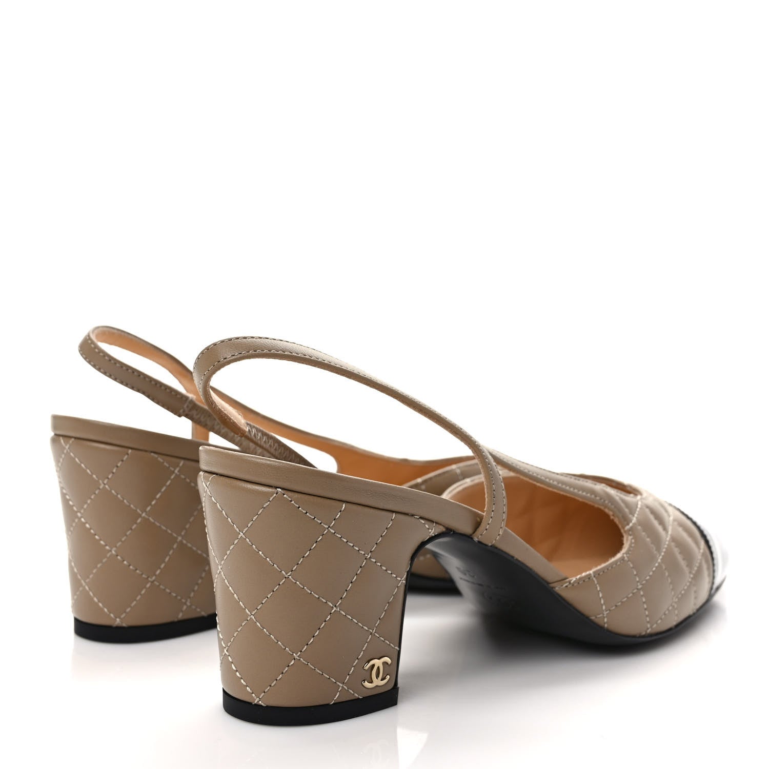 Chanel Lambskin Patent Calfskin Quilted Cap Toe CC Slingback Pumps 39 Beige Black 4 of 8