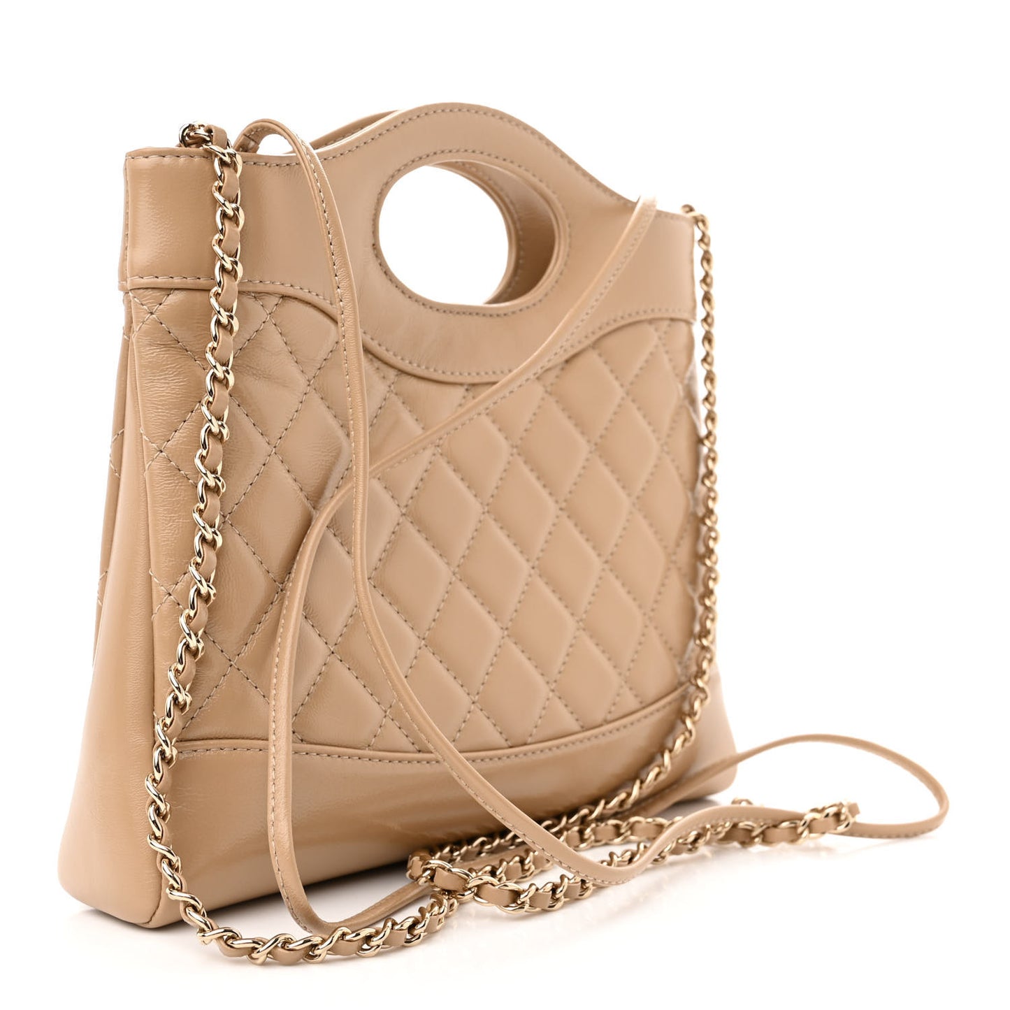 Shiny Crumpled Calfskin Quilted Mini 31 Shopping Bag Dark Beige