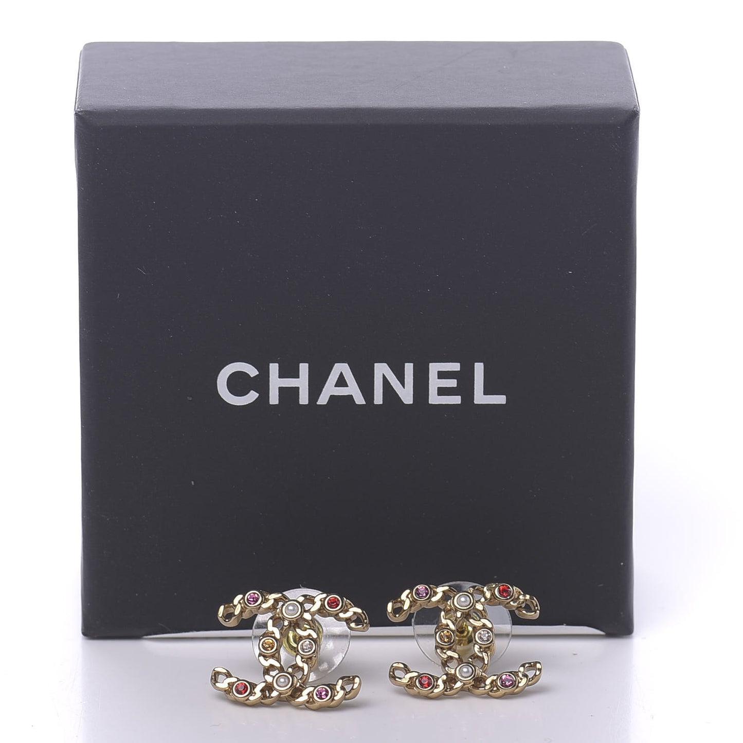 Pearl Crystal Chain Link CC Earrings Gold Red Pink Yellow