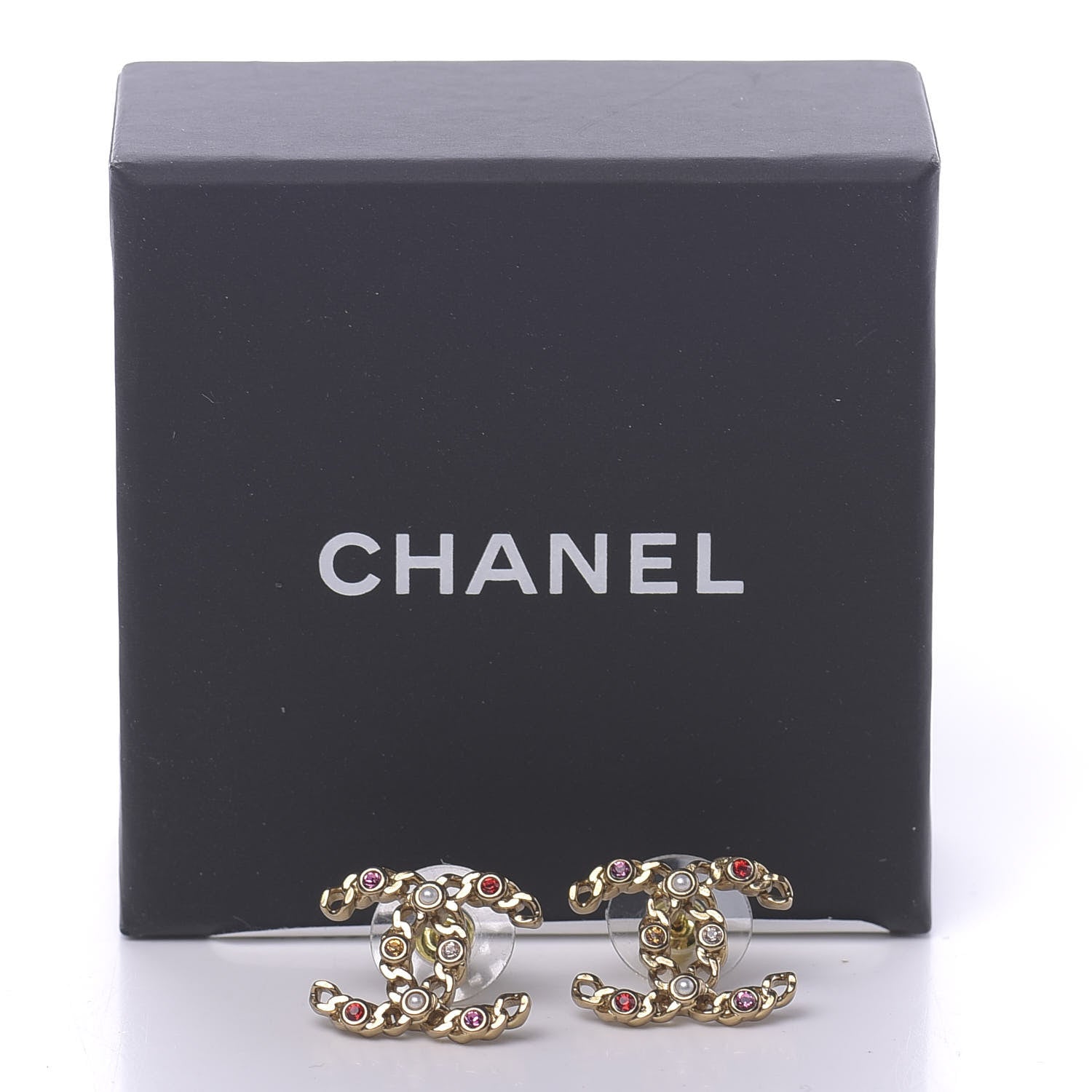 Chanel Pearl Crystal Chain Link CC Earrings Gold Red Pink Yellow 5 of 5
