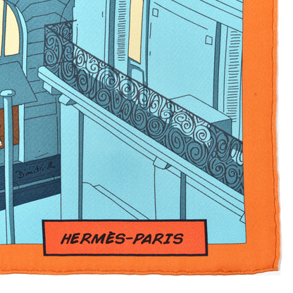 Hermes Silk Space Shopping Au Faubourg Pocket Square Scarf Bleu Orange Vert 2 of 3