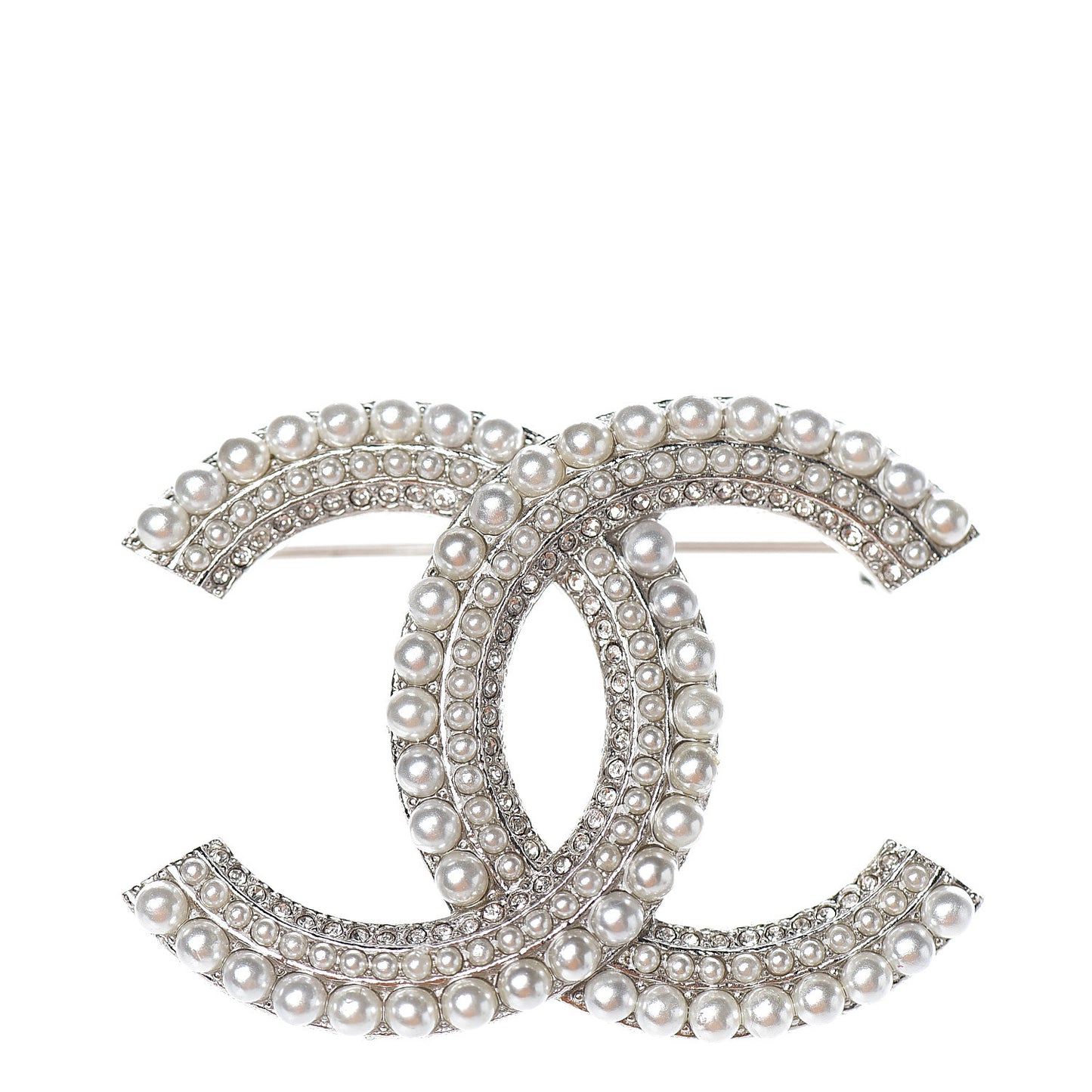 Pearl Crystal CC Brooch Silver