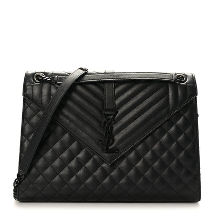 Saint Laurent Grain De Poudre Textured Mixed Matelasse Large Triquilt Monogram Monochrome Satchel Black 1 of 9