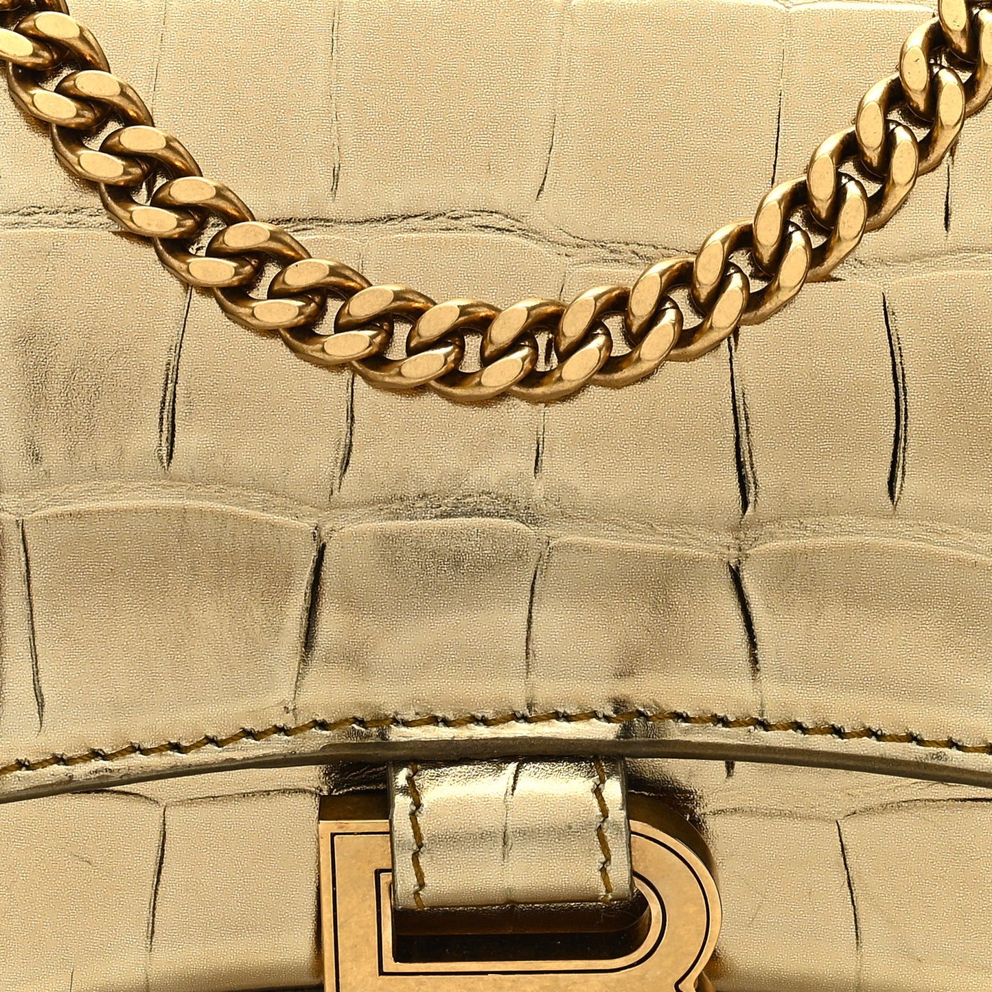 Metallic Calfskin Crocodile Embossed Hourglass Chain Bag Gold