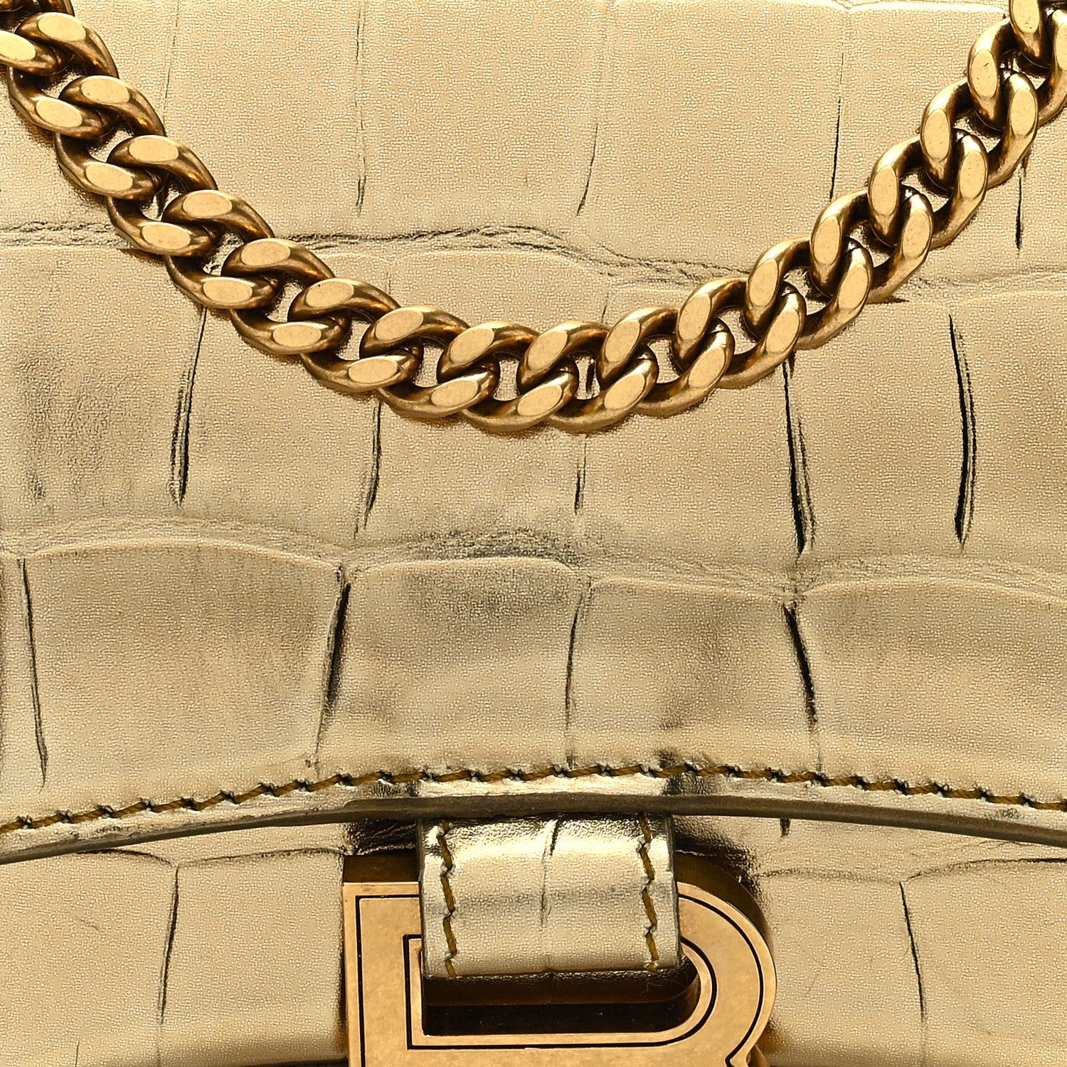 Balenciaga Metallic Calfskin Crocodile Embossed Hourglass Chain Bag Gold 7 of 9