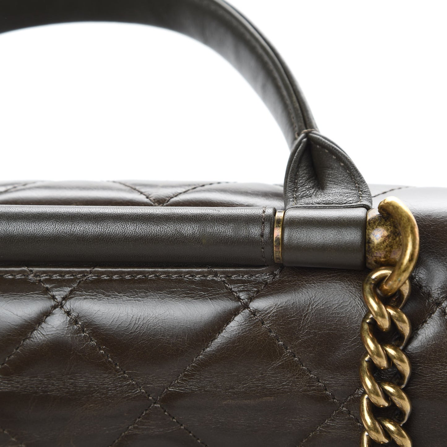 Glazed Calfskin Quilted Large Gold Bar Top Handle Flap Dark Grey