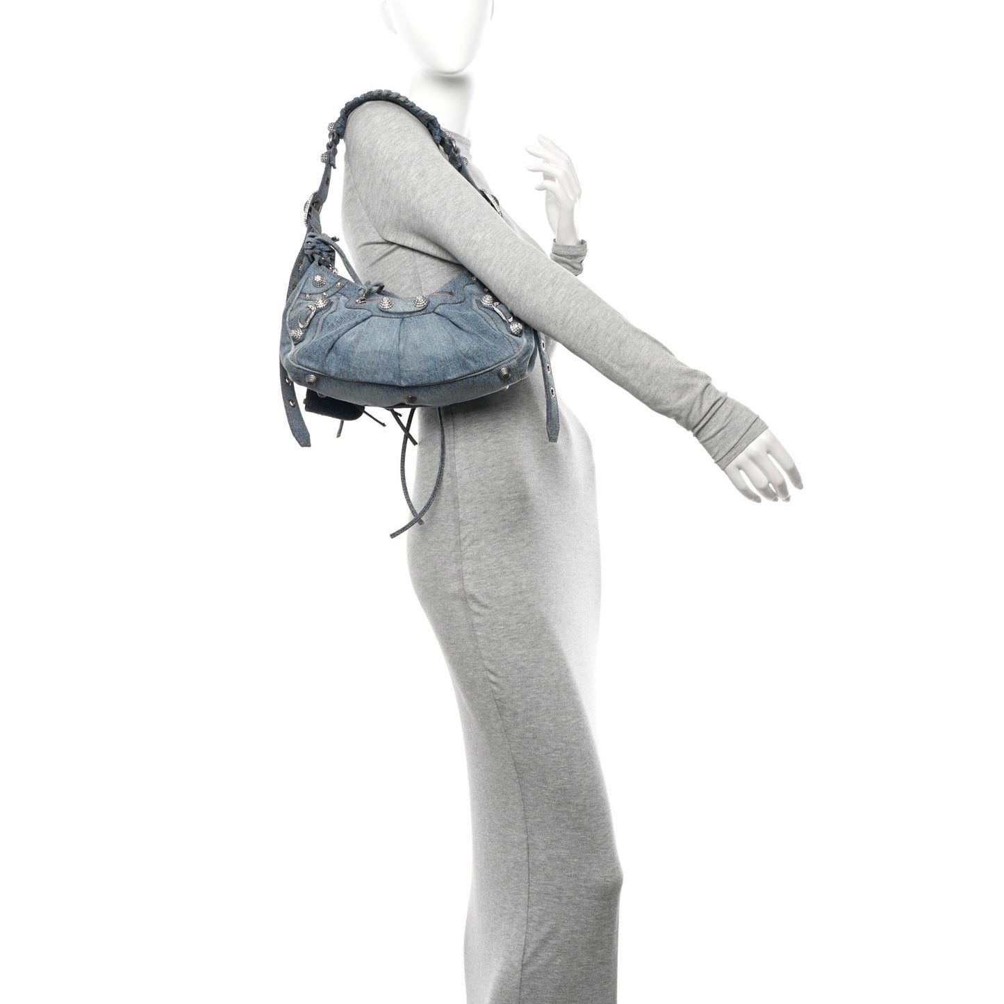 Washed Frayed Denim Crystal Small Le Cagole Shoulder Bag Blue