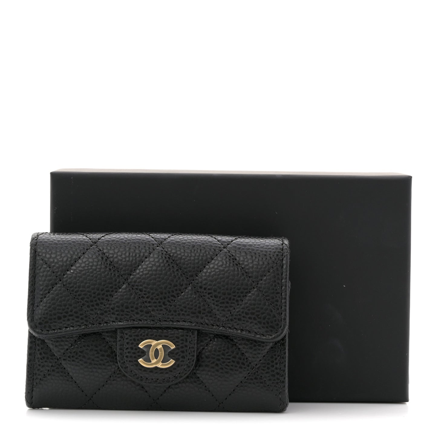 Caviar Quilted Flap Card Holder Wallet Black