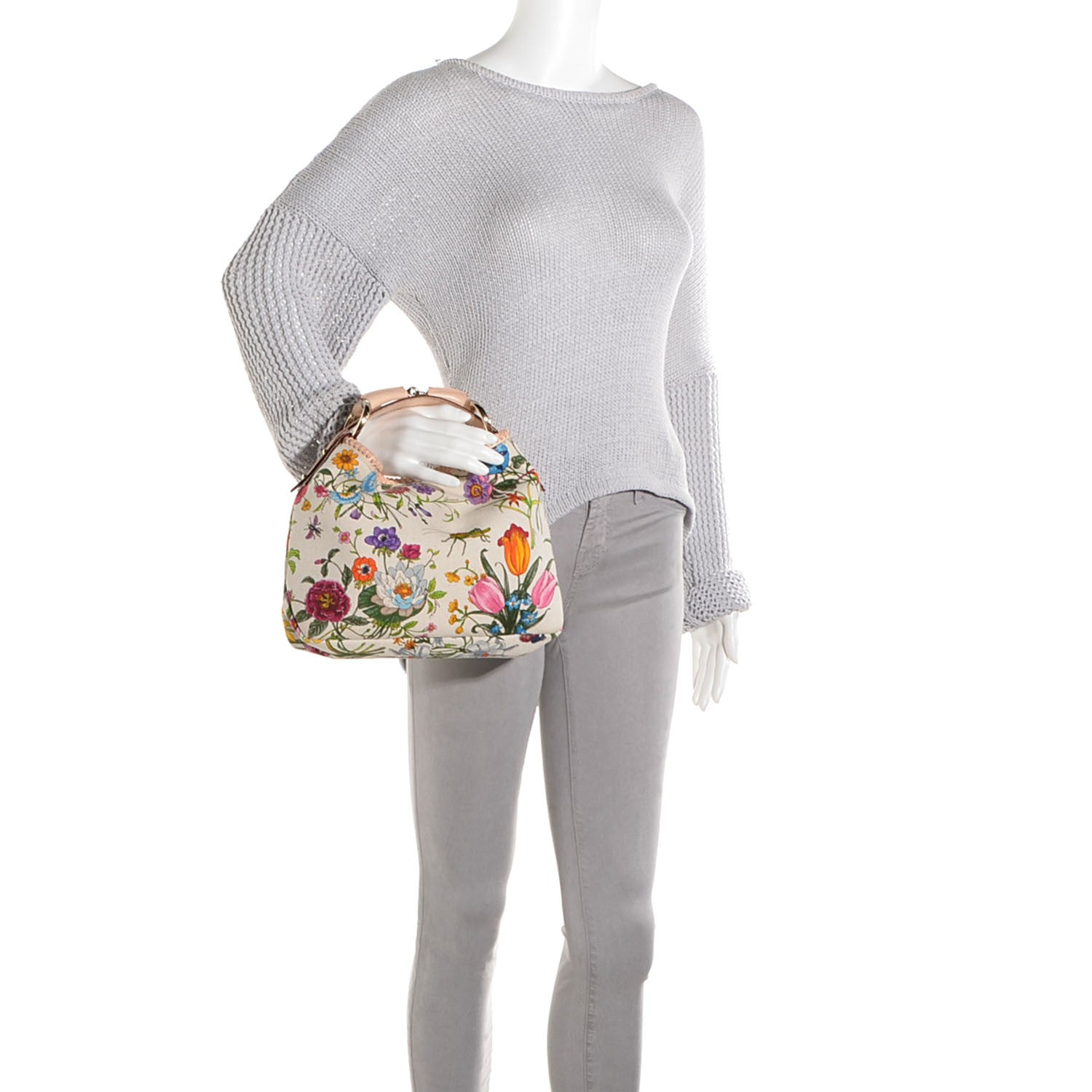 Gucci Canvas Flora Floral Small Horsebit Chain Hobo 2 of 7