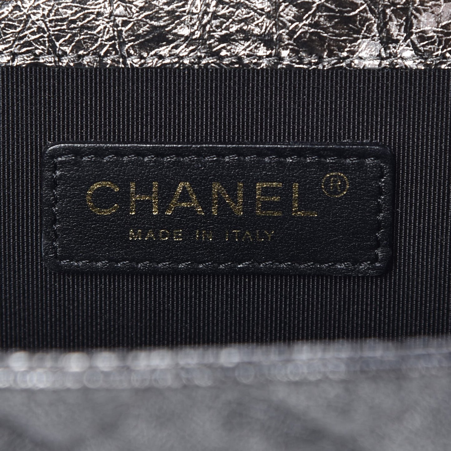 Cracked Metallic Calfskin Quilted Zip Away Chain Clutch Dark Silver
