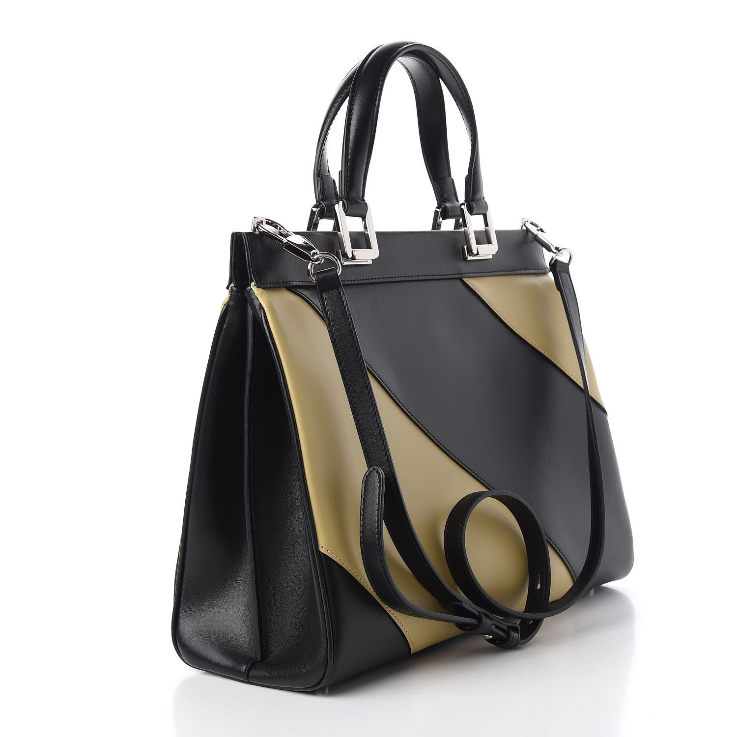 Gucci Smooth Calfskin Diagonal Striped Medium Zumi Top Handle Bag Black Beige 2 of 10