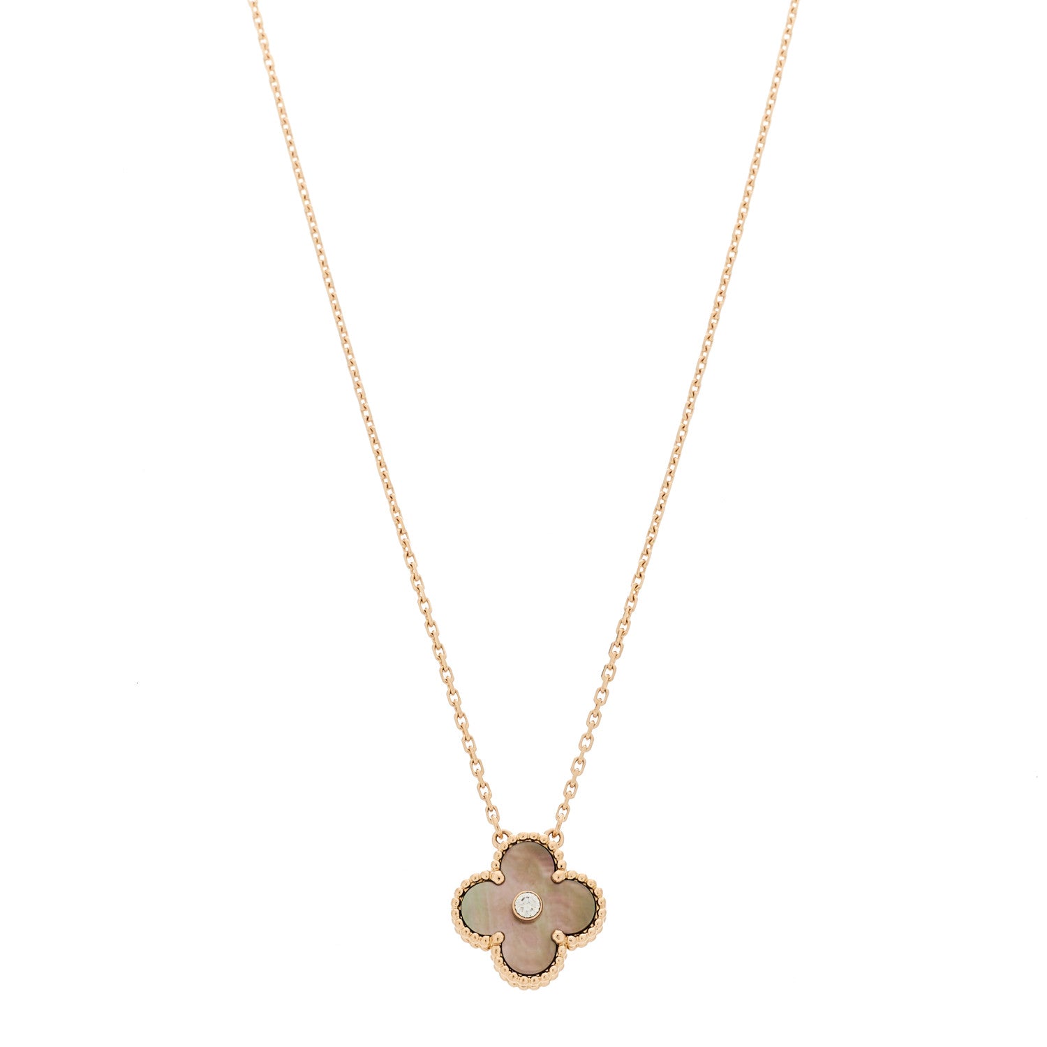 Van Cleef & Arpels 18K Rose Gold Diamond Grey Mother of Pearl Vintage Alhambra Pendant Necklace 1 of 6