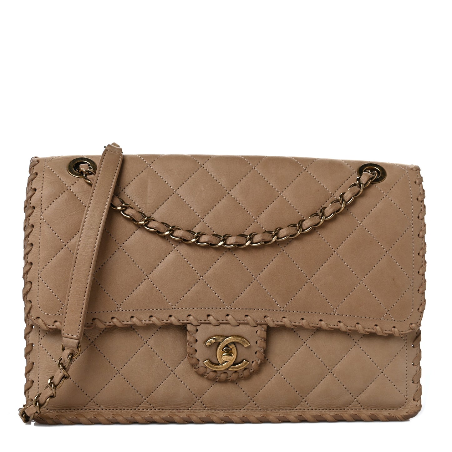 Iridescent Calfskin Jumbo Happy Stitch Flap Beige