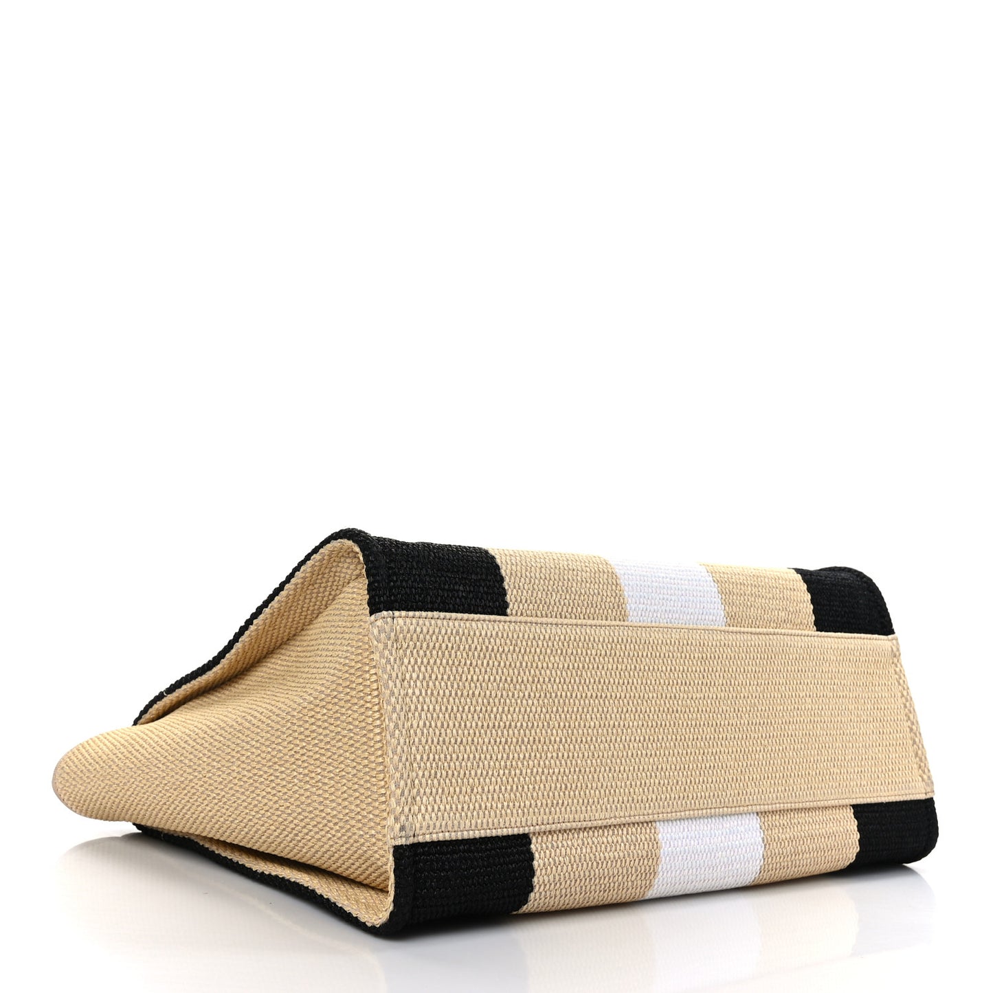 Straw Raffia Calfskin Striped Large Deauville Tote Black Beige Ivory