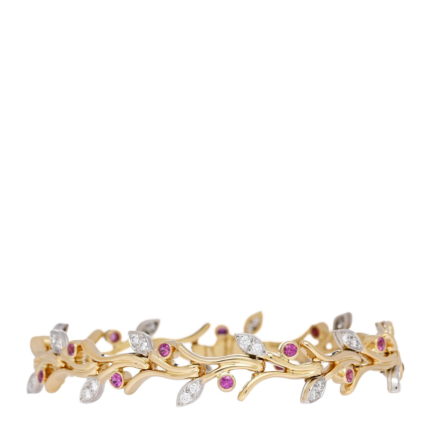 18K Yellow Gold Platinum Diamond Pink Sapphire Vine Bracelet