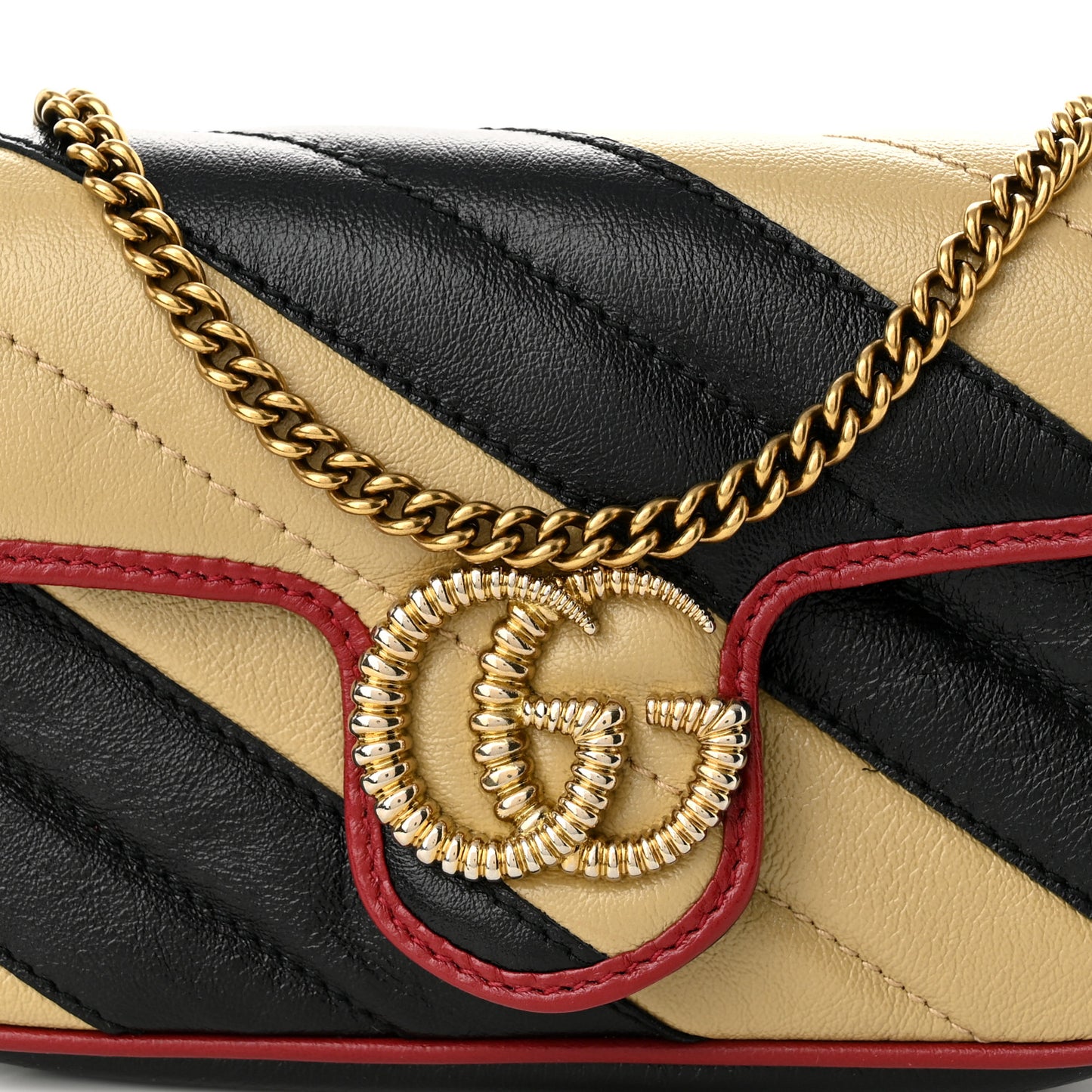Vintage Effect Calfskin Matelasse Diagonal Striped Super Mini Torchon GG Marmont Shoulder Bag Black Beige