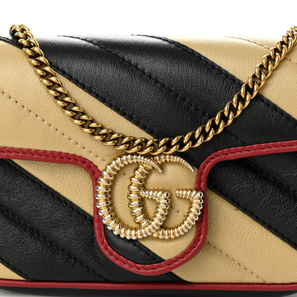 Gucci Vintage Effect Calfskin Matelasse Diagonal Striped Super Mini Torchon GG Marmont Shoulder Bag Black Beige 8 of 10