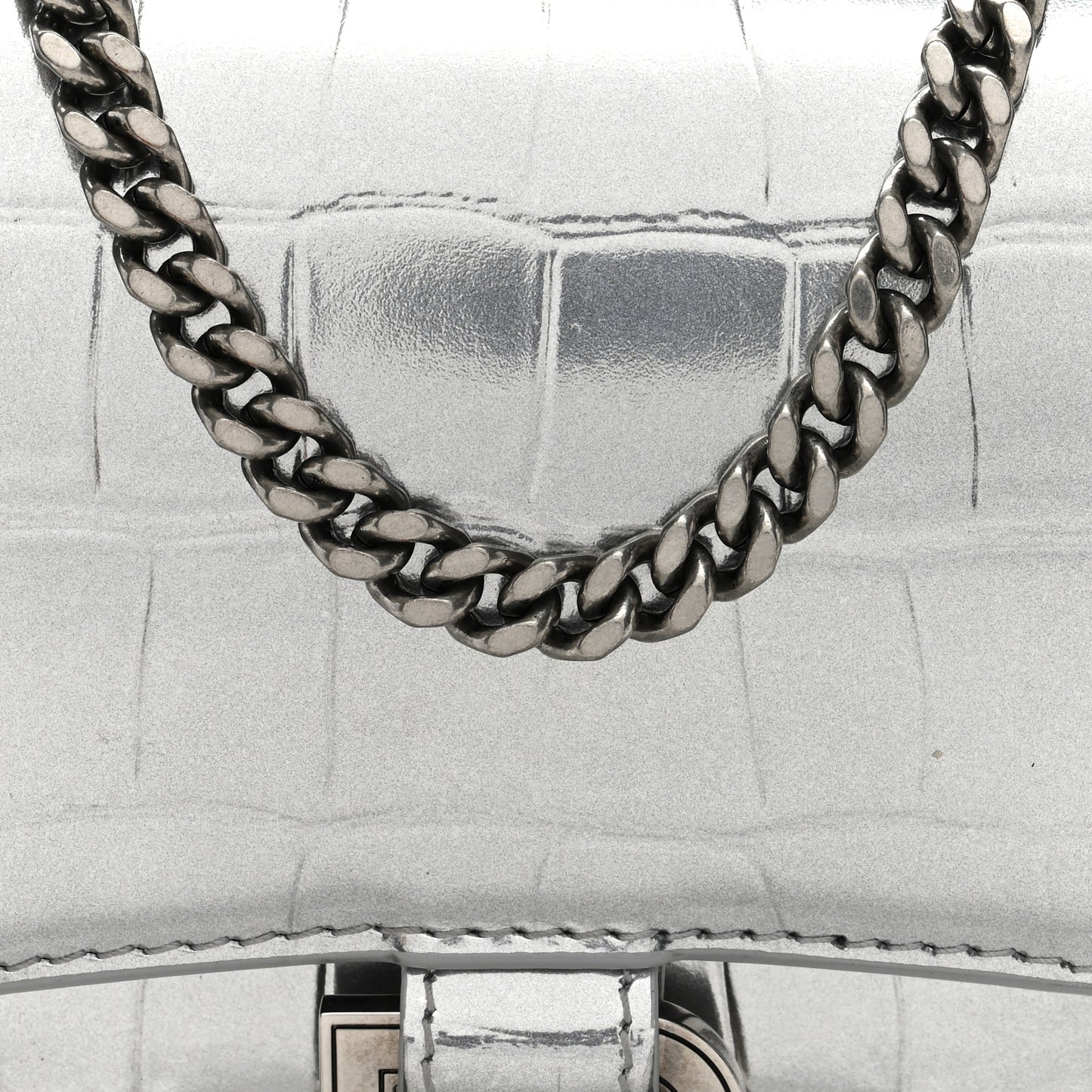 Metallic Calfskin Crocodile Embossed Hourglass Chain Bag Silver Silver