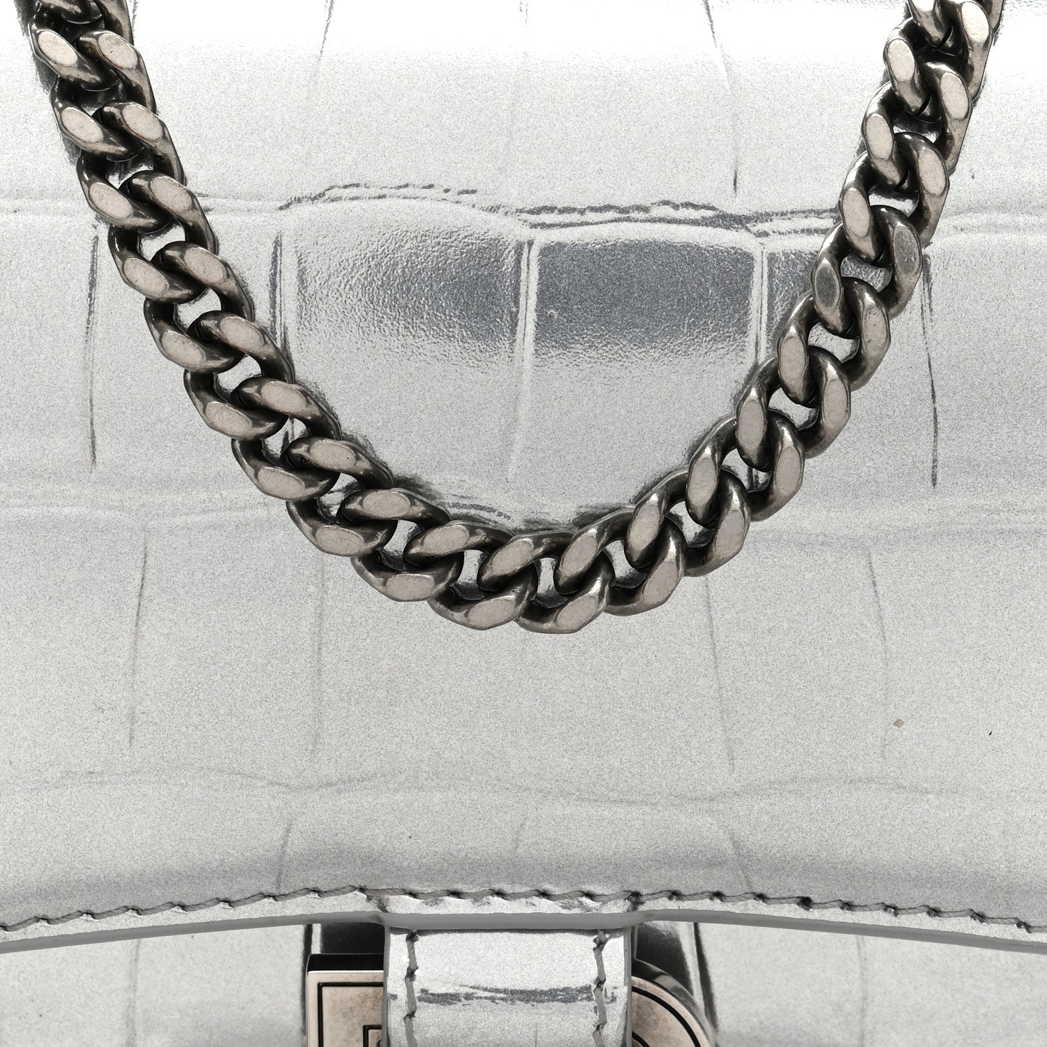 Balenciaga Metallic Calfskin Crocodile Embossed Hourglass Chain Bag Silver Silver 7 of 10