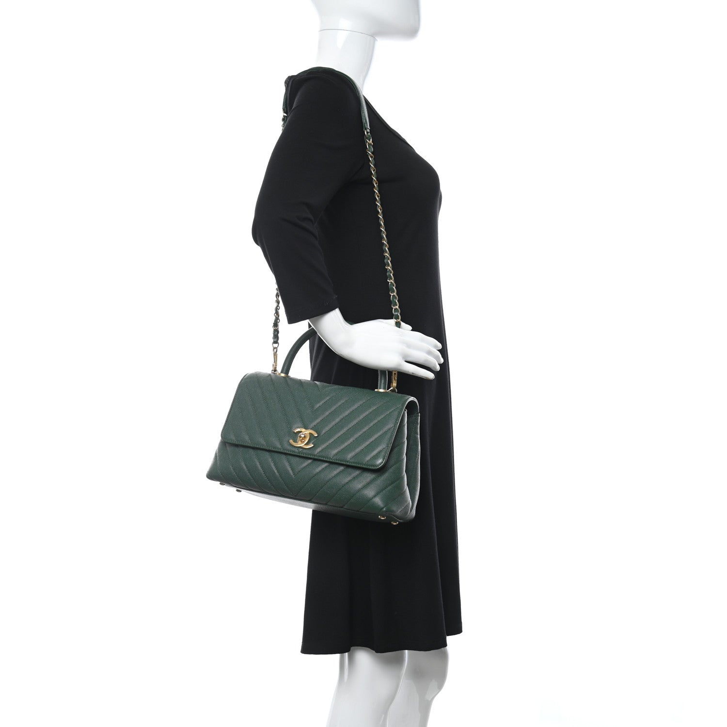 Chanel Caviar Chevron Quilted Small Coco Handle Flap Green 2 of 8