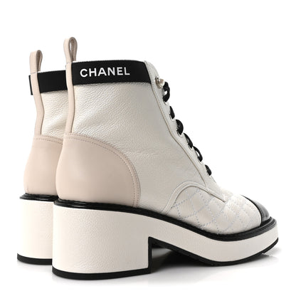 Chanel Pearly Calfskin Patent Calfskin Quilted Lace Up Boots 38 White Light Gray Black 5 of 10